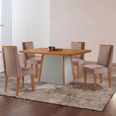 Imagem de Mesa De Jantar Diane 120cm Tampo Mdf Lam 4 Cadeiras Diane Moderna Linho Capuccino Tork Off White