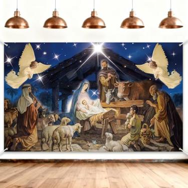 Imagem de Pano de fundo religioso de Natal, cenário de presépio de noite sagrada, fundo fotográfico para uso ao ar livre, interior, igreja, casa, artigos de festa de Natal, decoração de Natal, 180 x 109 cm