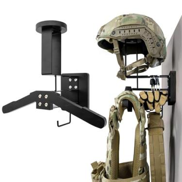 Imagem de Zhongren Suporte de parede Tactical Gear – Suporte de exibição de capacete de motocicleta com ganchos, suporte de placa de airsoft de madeira maciça para policial, futebol e ciclismo (preto)