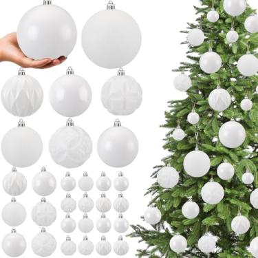 Imagem de Soulchen Conjunto de 46 bolas de Natal brancas para pendurar em árvore de Natal com 6 estilos em 4 tamanhos, enfeites de plástico para decoração de festa de guirlanda de árvore de Natal