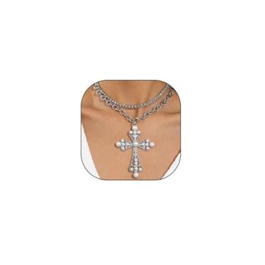 Imagem de Colar grosso com cruz de pérola, ouro, prata, gargantilha em camadas, empilhável, em forma de cruz, pingente de joia com strass, colar de corrente grossa, one size, Zinco, Sem Pedra Preciosa
