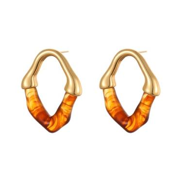 Imagem de Brincos geométricos de resina de aço inoxidável banhado a ouro 18 K, brincos ovais irregulares, boêmio, aniversário, férias, joias para mulheres BFF, Standard, Aço inoxidável Resina, Sem pedra