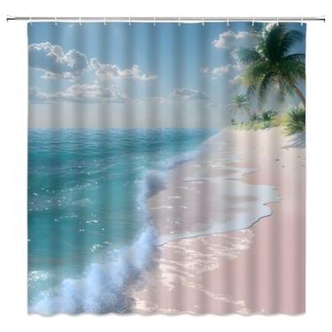 Imagem de WUASDCS Cortina de chuveiro de praia do oceano tropical, azul, azul-petróleo, palmeira, náutica, litoral, Havaí, paisagem, decoração de banheiro, cortinas de tecido de poliéster com gancho 1778 cm L x