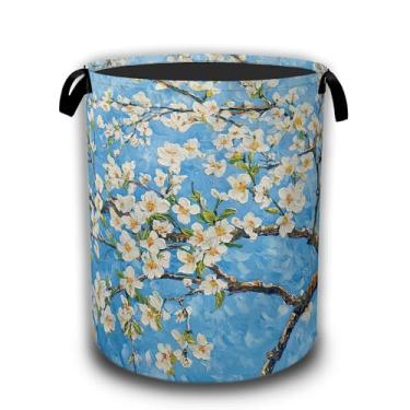 Imagem de Qvvhorx Cesto de lavanderia, cestas de lavanderia dobráveis em flor de amendoeira, tecido Oxford à prova d'água com alças, organizador de brinquedos para banheiro/berçário/quarto, 40,6 x 52,8 cm