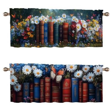 Imagem de Cortinas de estante de livros para janelas de cozinha, pacote com 2 unidades, floral, margarida, flor, borboleta, para quarto, sala de estar, banheiro, varão, bolso, cortinas de janela 137 x 45 cm