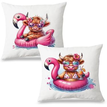 Imagem de Exqcom Conjunto de 2 capas de almofada de vaca rosa choque 45,7 x 45,7 cm, decoração de quarto de vaca, litoral, praia, moda, estética, fofa, fofa, fofa, para casa, quarto, sala de estar