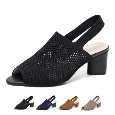 Imagem de OXNEUHG Sandálias femininas de malha Peep Toe Slingback salto grosso com tira no tornozelo, moderno, bico fino, recortado, sem costas, salto alto, verão, casual, trabalho, escritório, casamento