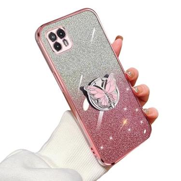 Imagem de KUWAI Capa com glitter compatível com Moto G50 5G capa borboleta com suporte para Motorola G50 5G TPU macio galvanizado bling capa à prova de choque para mulheres meninas capa para Moto G50 5G (rosa)