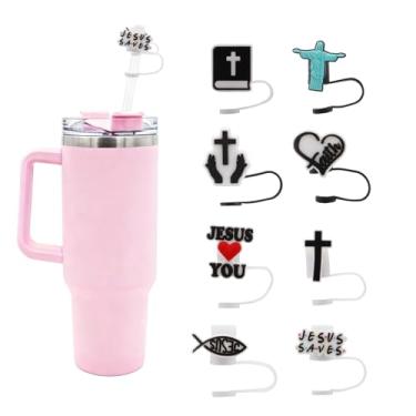 Imagem de Bchjatk 8 peças de capas de canudo impressas na Bíblia com copo Stanley de 30 e 1,134 g, tampas de silicone macio de 10 mm, topos de canudo reutilizáveis à prova de poeira, decorações divertidas de