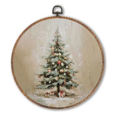 Imagem de Hxlac Arte de parede redonda de árvore de Natal vintage, decoração de parede redonda de árvore de Natal de inverno, estampa em tela para pendurar no inverno, esculturas de parede para decoração de