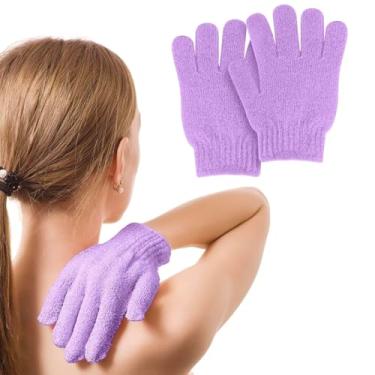 Imagem de Luva esfoliante, 2 peças, use esponja de bucha de qualidade, esfoliante corporal, limpeza profunda, remove a pele morta para mulheres e homens (roxo vermelho)