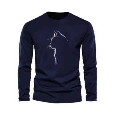 Imagem de Camiseta Masculina De Algodão Com Estampa De Gato, Manga Comprida, Gol