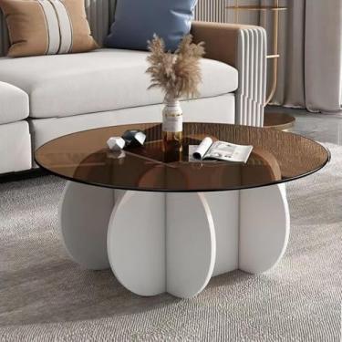 Imagem de Yadlan Mesas de centro redondas de vidro elegante mesa de centro redonda com pernas de madeira maciça e mesa de vidro temperado para sala de estar casa pequeno espaço recepção mesas de escritório