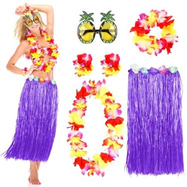Imagem de MIVOEDIK Saia de grama para adultos, mulheres, saia de hula Grils para roupas havaianas de festa Luau com flores Leis e óculos de sol, Roxa, G