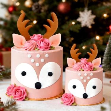 Imagem de JeVenis Conjunto de 2 topos de rena para decoração de bolo de veado para chá de bebê na floresta e aniversário - decoração de chifres e orelhas
