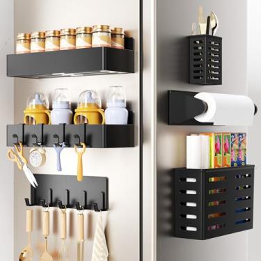 Imagem de Suporte magnético para temperos para geladeira, pacote com 6 prateleiras magnéticas, organizador de ímã de geladeira com suporte de toalha de papel, porta-utensílios, suporte de gancho, cesta