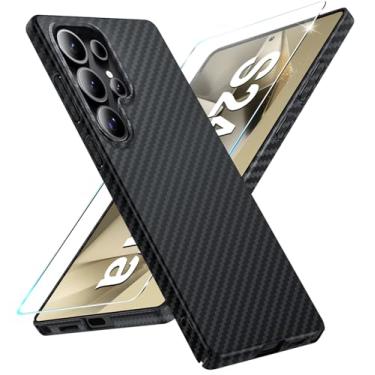 Imagem de Capa de fibra de carbono para Samsung Galaxy S24 Ultra com protetor de tela Slim Fit para Samsung S24 Ultra capa de telefone resistente durável queda fina híbrida PC capa de proteção rígida 5G