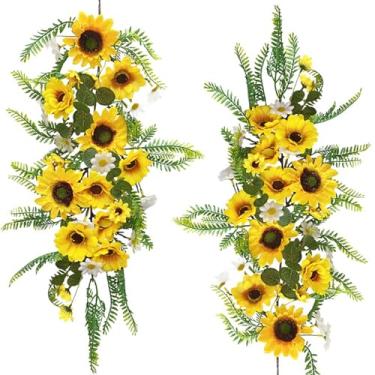 Imagem de QuarenDen Guirlanda De Girassol Artificial, Trepadeira Seda, 2 Peças, Flores Com Folhas Verdes E Brancas Para Sala Estar, Cozinha, Jardim, Arco Casamento