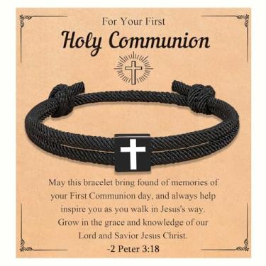 Imagem de Jixugaud Pulseira cruzada de corda trançada ajustável para homens, meninos, batismo, aniversário, dia dos namorados, Natal, Páscoa, presentes, 7.5 inches, Nylon, Sem Pedra Preciosa