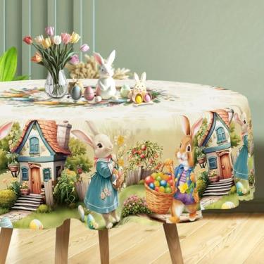 Imagem de Toalha de mesa circular de Páscoa, 143 cm, toalha de mesa com bordas de coelho em aquarela, colorida, resistente a rugas e manchas, para decoração de festa, cozinha, jantar, coelho, Páscoa