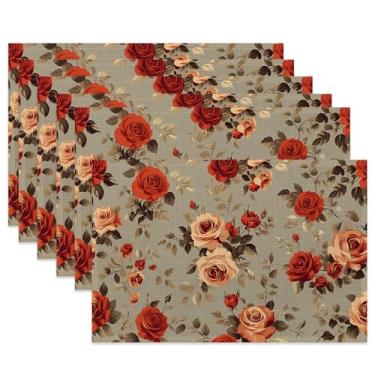 Imagem de Jogo americano vintage de pano de flor rosa, rústico, antiquado, resistente ao calor, conjunto de 6, tapetes de linho laváveis para decoração de mesa de sala de jantar, casa, restaurante, cafés