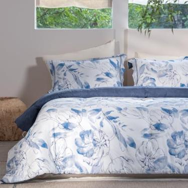 Imagem de OIKETI Conjunto de edredom botânico tamanho queen - tecido 100% algodão, padrão floral azul marinho duplo em fundo branco, roupa de cama leve e macia, 3 peças (1 edredom reversível e 2 fronhas)