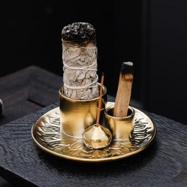 Imagem de Incenso de cerâmica multifuncional 4 em 1 e suporte de vela com bandeja coletora de cinzas, adequado para queimar sálvia branca, palo santo