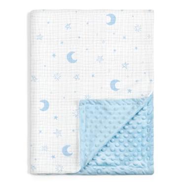 Imagem de Cobertores de bebê Star Moon para meninos e meninas, cobertores macios para berçário com musselina e lã pontilhada nas costas 76 x 101 cm, colcha de cama para recém-nascidos, bebês e crianças pequenas