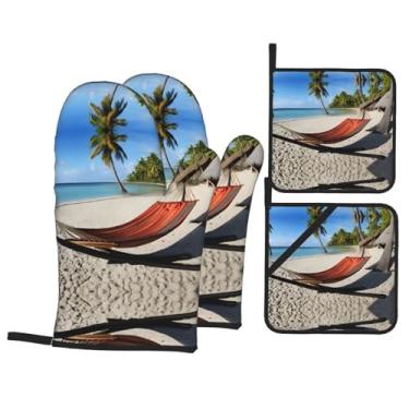 Imagem de Paradise Beach with Hammock Coconut Palm Trees - Conjunto de luvas de cozinha estampadas com suportes de tampa, luvas de forno resistentes ao calor para lidar com panelas quentes, grelhar, churrascos