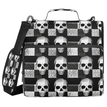 Imagem de STAYTOP Fichário escolar de caveira de Halloween com alça de ombro, anéis de vedação de 3,8 cm, capacidade para 600 folhas, pasta de arquivos expansível, vários bolsos e organizador de armazenamento