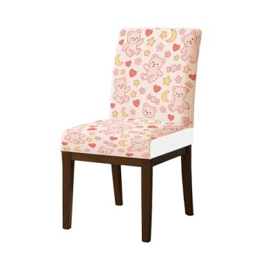 Imagem de HOMETITUTE Capas de cadeira de alta elasticidade para cadeiras de jantar, laváveis, conjunto de 4 capas macias de assento de cozinha, urso de pelúcia, rosa, coração, estrela, para casa, hotel