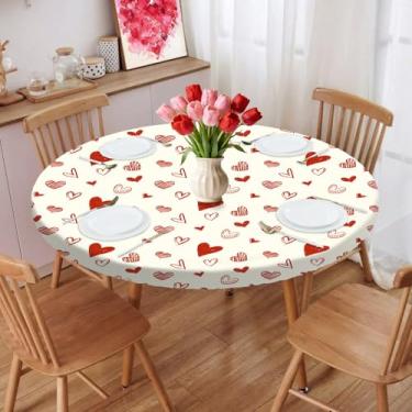 Imagem de bnhjsdw Toalha de mesa redonda elástica – adequada para mesas de 114 a 137 cm, toalha de mesa redonda de dia dos namorados com borda elástica, capa de mesa lavável resistente à água para decoração de