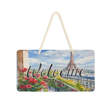 Imagem de Burbuja Placa de boas-vindas da Torre Eiffel para porta da frente, placa de boas-vindas de PVC para decoração de férias de casa de fazenda, 15 x 28 cm