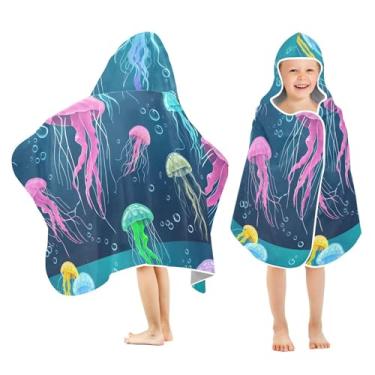 Imagem de Burbuja Toalha de banho com capuz de água-viva colorida para crianças, toalha de praia de pelúcia macia absorvente para meninas e meninos 3-10 anos, 61 x 127 cm