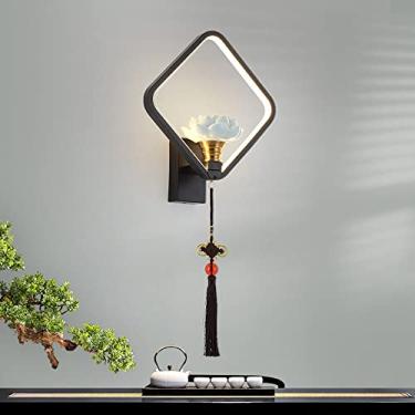 Imagem de Luminária de parede oriental tradicional, arandela quadrada de metal preto com LED de 16W, luminária de parede de cerâmica, luminárias de parede para sala de estar, quarto e cabeceira.
