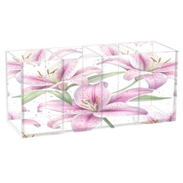 Imagem de Burbuja Porta-canetas de acrílico Pink Lilies, 4 compartimentos, suporte de lápis transparente para pincéis de maquiagem fixos, acessórios de mesa de escritório em casa