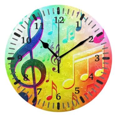 Imagem de CEBUGI Relógio de parede com notas musicais coloridas operado por bateria, relógios de parede silenciosos sem tique-taque para cozinha, banheiro, quarto, escritório, decoração 25,4 cm