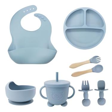 Imagem de Kit Introdução Alimentar Bebê 8 Peças 100% Silicone Antitóxico Premium, Prato + Bowl Babador Copo + + 2 Talheres Ponta Silicone Cabo de Madeira + + Tampa com Canudo + 2 Talheres (Azul Bebe)