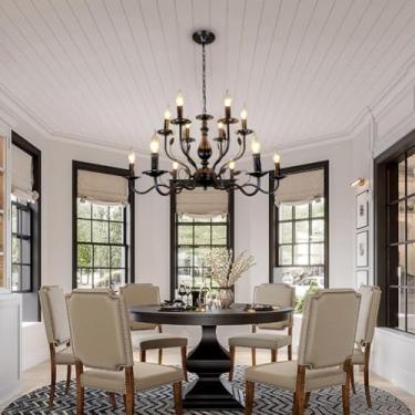 Imagem de Lustre Vintage de Fazenda com Vela E14, Luminária Pendente Francesa Antiga em Ferro Forjado Preto, Altura Ajustável, Ideal para Cozinha, Ilha, Restaurante, Bar, Café e Decoração.