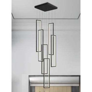 Imagem de Lustre moderno de LED para interiores com pé-direito alto, luminária pendente regulável, elegante e retangular, ideal para escadas em espiral, salas de estar de casas, hotéis e restaurantes,