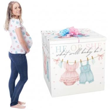 Imagem de AmazingSpark Kit de caixa de presente jumbo reveladora de gênero de 71 cm com caixa grande e laços gigantes para decoração de festa de aniversário de chá de bebê (roupas de bebê)