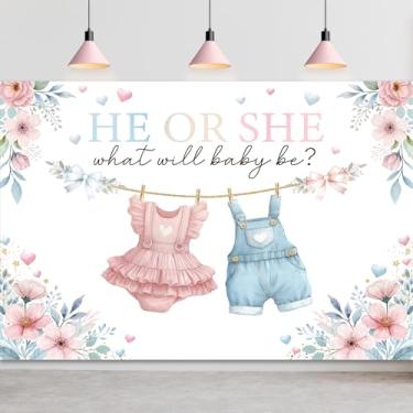 Imagem de Omifly Pano de fundo revelador de gênero para chá de bebê 12,5 x 7,5 cm A para fotografia ele ou ela rosa azul aquarela flores folhas plantas fundo decorações de festa bolo mesa banner decoração