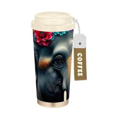 Imagem de TSENQUE Copo de café de viagem 473 ml com canudo e tampa de filme, copo de café de viagem de aço inoxidável à prova de vazamento para escritório, escola, festa, acampamento, coroa de flores coloridas