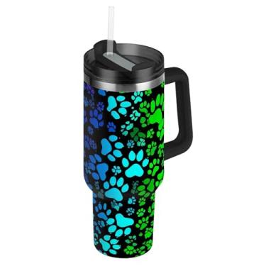 Imagem de Copos coloridos de patas de animais com tampas e canudo Thermo Copo térmico de 1,134 g com alça garrafa de água isolada de aço inoxidável copos de café quente para carro