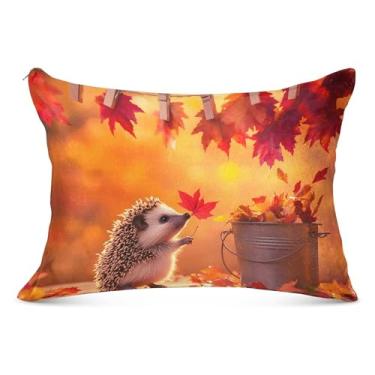 Imagem de Linda capa de almofada de flanela de folhas de outono de ouriço com zíper para travesseiro padrão Queen King capa de travesseiro de corpo impressa, tamanho Queen, 50,8 cm x 76,2 cm