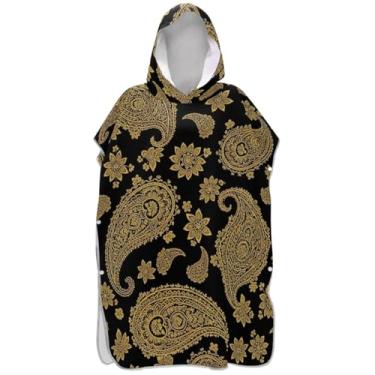 Imagem de Joisal Poncho de surfe para mudança de roupão de praia com capuz toalha floral leve dourado paisley floral preto masculino poncho com capuz