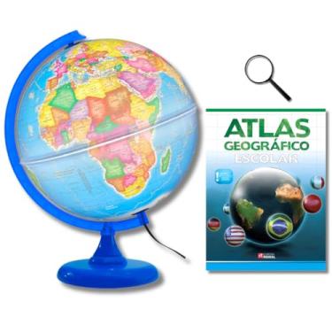 Imagem de GLOBO TERRESTRE POLÍTICO LUMINOSO BASE AZUL 30CM + ATLAS GEOGRÁFICO + LUPA