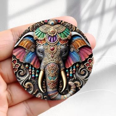 Imagem de Ímã de geladeira vintage ornamentado mandala elefante cabeça design -5,8 cm acrílico redondo adesivo de geladeira decoração retrô presente tamanho perfeito para geladeira, armário ou qualquer