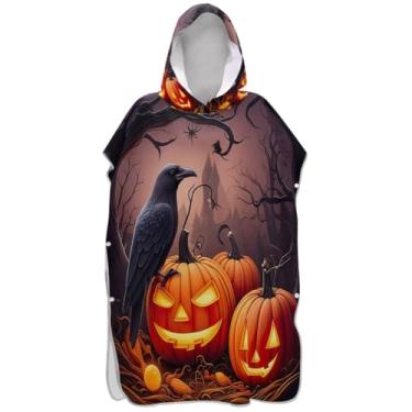 Imagem de Joisal Poncho de surfe para adultos trocador de roupão de praia com capuz toalha de natação secagem rápida Halloween abóbora pássaro preto homens mulheres poncho com capuz