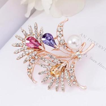 Imagem de Broches elegantes de flores de cristal para mulheres, broches de flores com pérola para acessórios de terno vestido de formatura joias acessórios
